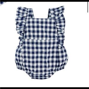 MUDPIE navy gingham check ruffle sun suit baby bubble 6-9. Has matching bow